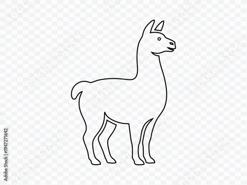 Llama outline drawing on a transparent background, minimalist illustration.