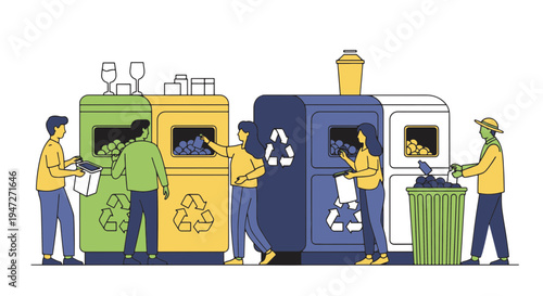 Diverse People Sort Recyclables into Colorful Bins for Environmental Awareness and Earth Day Activities Promoting Sustainability