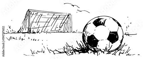 Soccer ball sitting on grass near goal net in ink sketch style