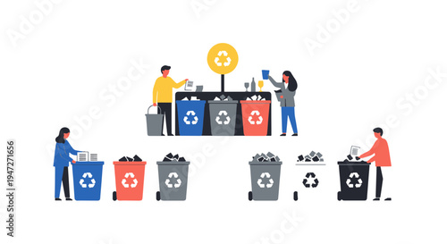 Diverse People Sorting Waste into Colorful Recycling Bins and Trash Cans for Environmental Protection