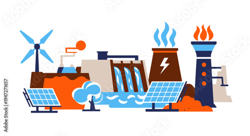 Diverse Renewable Energy Sources and Industrial Power Generation Facility with Solar Panels and Wind Turbine