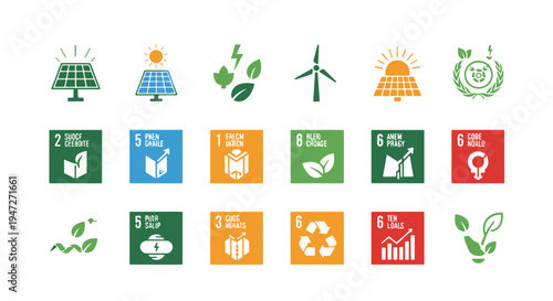 Diverse Renewable Energy Sources and Sustainability Icons for Environmental Awareness Campaigns
