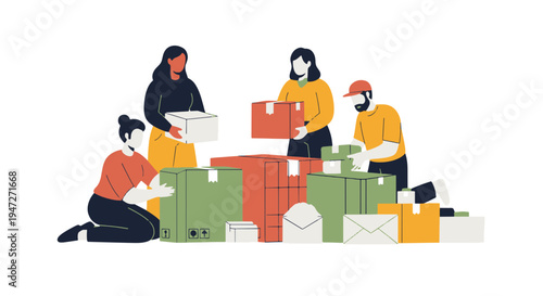 Diverse Team of People Sorting and Packing Boxes and Envelopes for Donation or Delivery