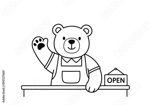 A friendly cartoon bear waving cheerfully behind a counter with an 'OPEN' sign in black and white.
