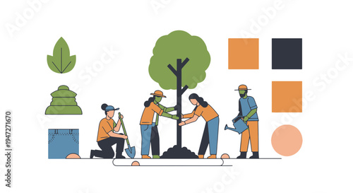 Diverse Team Planting a Sapling Tree Together in the Soil Symbolizing Environmental Care and Teamwork Flat Design Elements