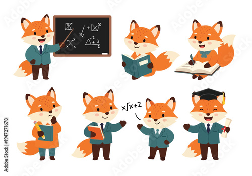 A set of intelligent cartoon foxes depicting diverse educational and learning roles.