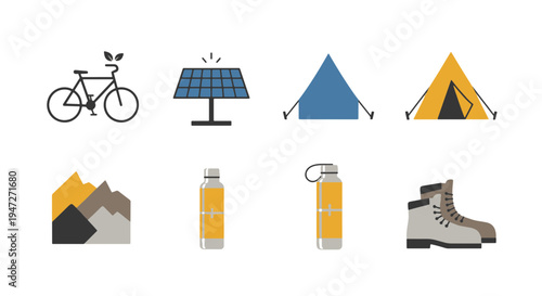 Eco friendly Outdoor Recreation and Sustainable Energy Symbols Including Bicycle Solar Panel Tent Mountains and Water Bottles