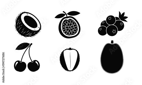 Exotic and common fruits illustrated in a minimalist black and white style