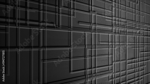 An abstract technological composition of glowing dots and lines forming a complex digital structure. The monochrome geometric grid conveys the atmosphere of high technology, digital systems, and
