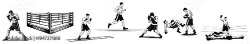 Boxing sport training and match scenes featuring boxers in hand drawn sketch style