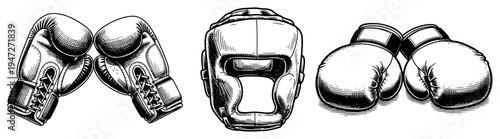 Boxing equipment set featuring gloves and head guard in vintage engraving style