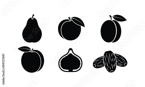 Illustrations of six different types of fruits with distinct shapes and textures