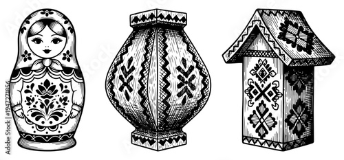 Traditional Slavic folk art items including matryoshka doll and decorative objects in engraving style