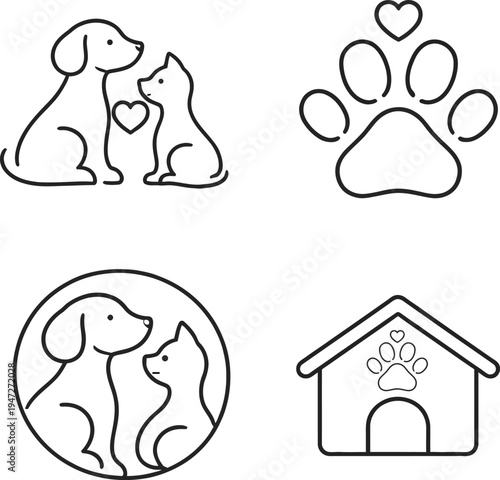 Pet care icon set featuring dog and cat love symbol, paw print with heart, pet friendship circle and pet house shelter outline icons. Perfect for veterinary clinic, pet care services, animal shelter, 