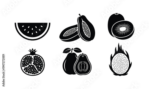 Cross-sectional illustrations of various tropical and exotic fruits with seeds exposed