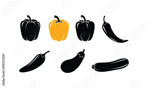 Illustrations of various types of peppers and eggplants in black and white with one yellow pepper