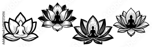 Lotus flower with meditating person silhouette in detailed hand drawn engraving style