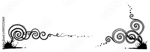 Swirl and curl decorative ornaments with ink splatters in hand drawn sketch style