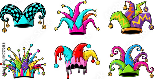 Set of 6 Colorful Jester Hats Vector Collection with Bells and Checkerboard Patterns for Carnival, Mardi Gras, and Party Designs
