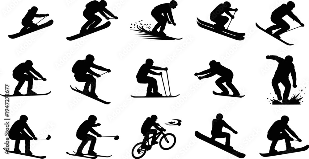 Fototapeta premium Black vector silhouette set of winter sports athletes featuring skiers, snowboarders, and mountain bikers performing jumps and stunts on a clean white background.