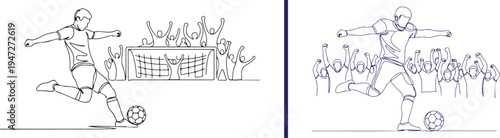 Blue and black line art vector of a soccer player taking a powerful shot at a goal. Features a cheering stadium crowd and detailed action lines, capturing the peak energy of a football match.