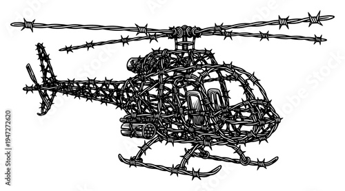 Military helicopter aircraft constructed from barbed wire in hand drawn engraving style