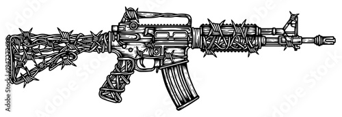 Assault rifle weapon covered in barbed wire in hand drawn engraving style