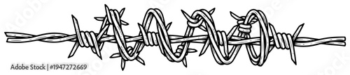 Horizontal strand of barbed wire with central spiral coil in sketch style