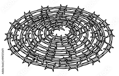 Concentric circular rolls of barbed wire in hand drawn engraving style