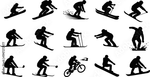 Black vector silhouette set of winter sports athletes featuring skiers, snowboarders, and mountain bikers performing jumps and stunts on a clean white background.