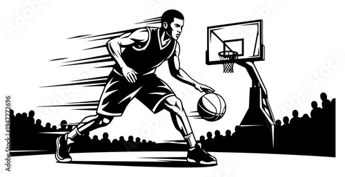 Basketball player dribbling fast towards hoop on court in dynamic graphic style