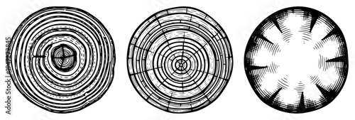 Tree rings and wood cross sections in vintage engraving style