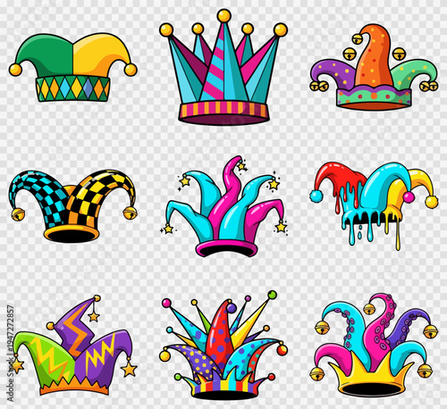 Set of 9 Colorful Jester Hats and Crowns Vector Illustration Collection for Carnival, Mardi Gras, and Party Designs