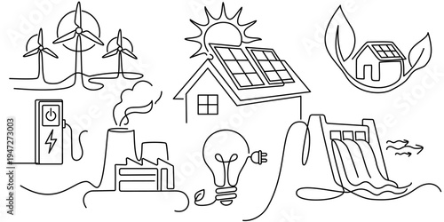 Renewable energy and ecology concept. Set of single-line drawings: solar panels, wind turbines, etc. Renewable solar and wind energy concept. Editable vector line drawing