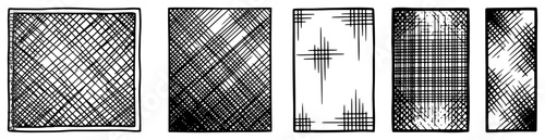 Shading textures and cross-hatching samples in rectangular frames in hand drawn line art style