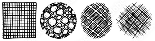 Geometric pattern icons with grid and stone textures in monochrome sketch style