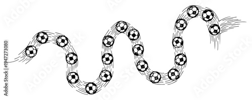 Soccer balls following a wavy motion path in hand drawn ink sketch style
