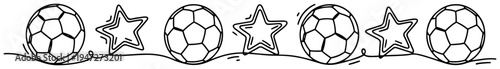Soccer balls and stars connected by one line in minimalist style