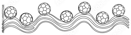 Soccer balls floating on waves in continuous line drawing style