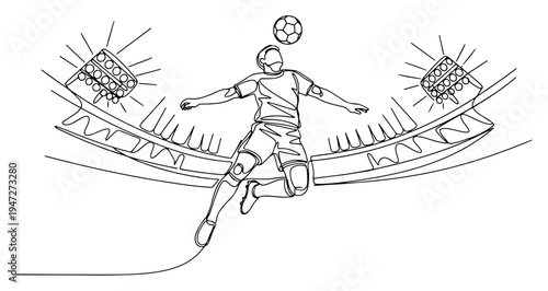 Soccer player performing header in stadium under lights in continuous line style