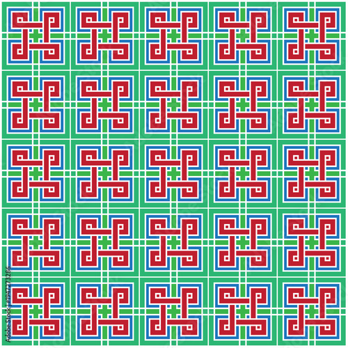 Red Blue Green Symmetrical Knot Tile Pattern Background