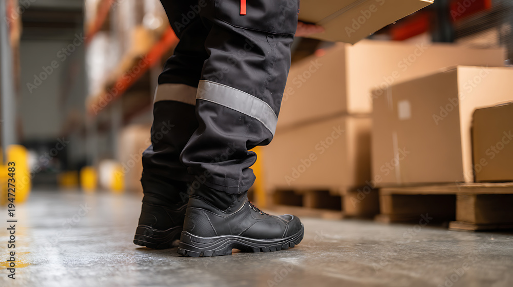 Obraz premium Industrial worker in protective workwear and safety shoes carries a cardboard box in a large warehouse or logistics storage facility building