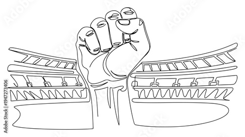 Clenched fist raised in victory with stadium background continuous one line drawing style
