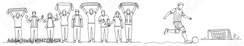 Soccer fans cheering and football player kicking ball into net in continuous line art style