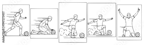 Soccer player action sequence showing running sliding and victory in continuous line art style