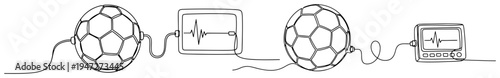 Soccer ball connected to medical heart rate monitor showing passion for football in continuous line art style