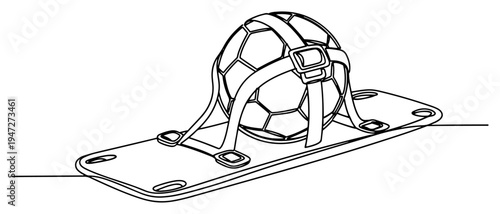 Soccer ball secured to medical spine board stretcher in continuous line art style