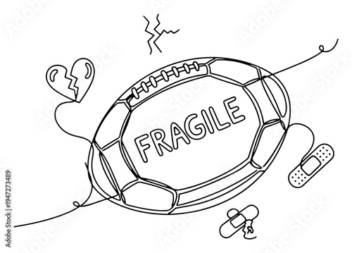 American football ball with fragile text surrounded by bandages and broken heart in line art style