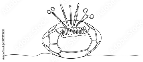 American football ball with surgical tools and medical instruments in line art style