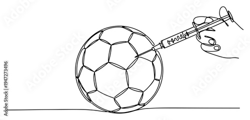 Hand holding medical syringe injecting soccer ball in continuous line art style